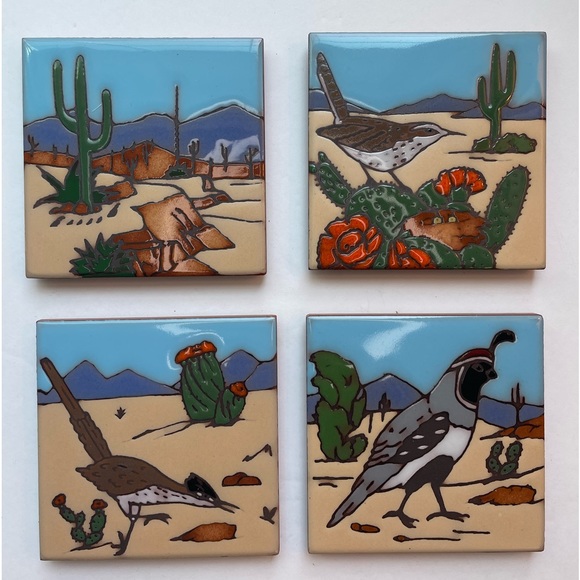 Vintage handmade southwestern bird tiles coaster trivet four wood holder NWT - Picture 1 of 9